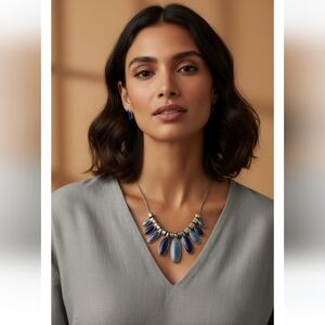 Vintage Blue-Silver Toned Glittered Fashion Adjustable Necklace Jewelry Set